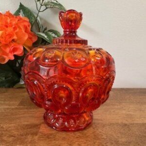 LE Smith Moon and Stars Amberina Lidded Compote Vintage Glass Candy‎ Dish Retro